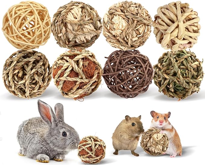 VESPRO Bunny Chew Grass Balls, (8 Pcs) Rolling Chew Toys for Small Animals, Natural Chew Grass Toys and Bunny Treats for Rabbits, Guinea Pigs, Chinchillas, Hamsters, Mice Teeth Grinding-Mewly Pet