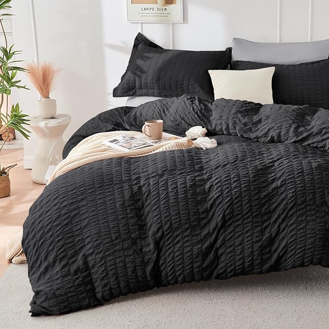 HYMOKEGE Black/Light Grey King Size Comforter Set Seersucker 7 Pieces, All Season Luxury Bed in a Bag for Bedroom, Bedding Set with Comforter, Sheets, Pillowcases & Shams
