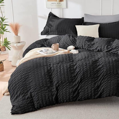 HYMOKEGE Black/Light Grey Full Size Comforter Sets Seersucker 7 Pieces, All Season Luxury Bed in a Bag for Bedroom, Bedding Set with Comforter, Sheets, Pillowcases & Shams