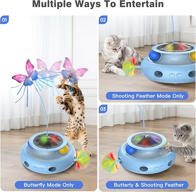 Automatic Interactive Cat Toys for Indoor Cats & Bored Adults - Kitten Toys with Fluttering Butterfly, Ambush Feather & Track Balls - Exercise & Stimulation for Playful Cats (Sky Blue)-Mewly Pet