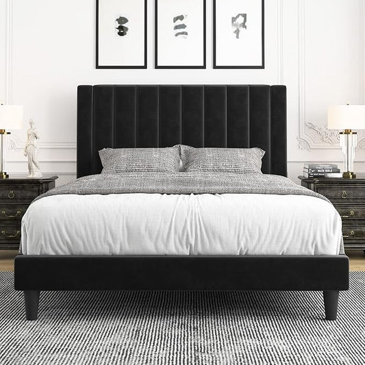 Allewie Full Bed Frame/Velvet Upholstered Bed Frame with Vertical Channel Tufted Headboard/Strong Wooden Slats/Platform Bed Frame/Mattress Foundation/Box Spring Optional/Easy Assembly/Black