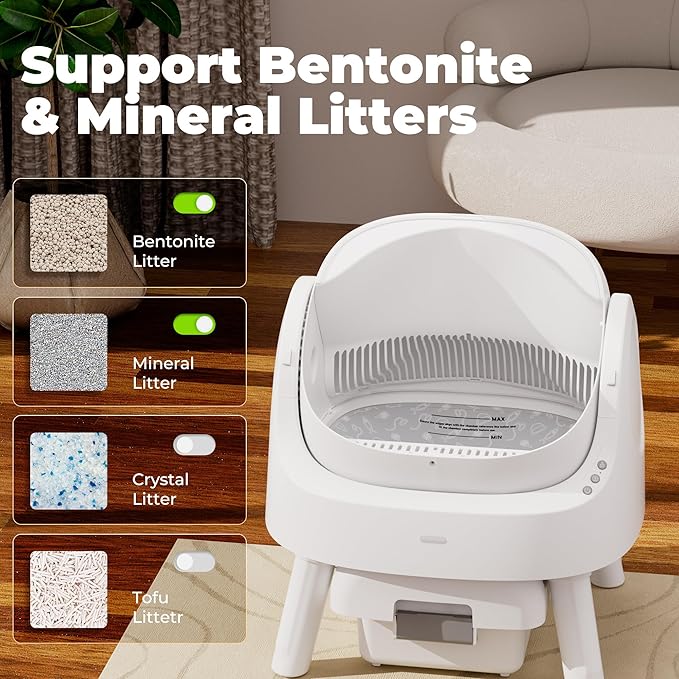 Automatic Litter Box, Open-Top Self Cleaing Litter Box with Safety Sensors and 10 L Waste Container, Suitable for Multiple Cats, White-Mewly Pet