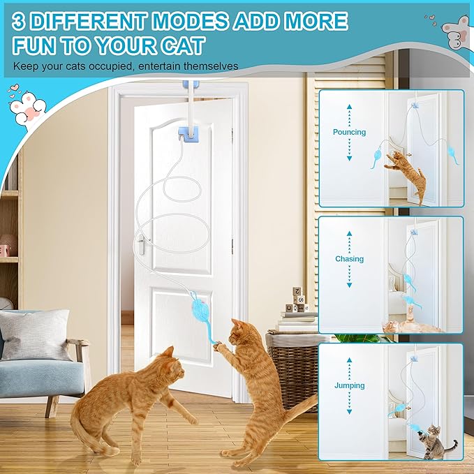 Cat Toy, Upgraded Smart Interactive Cat Toys with Remote Control, USB Rechargeable Door Hanging Retractable Kitten Toy for Self Play, Teaser Electronic Feather Cat String with 3 Plush Mice-Mewly Pet