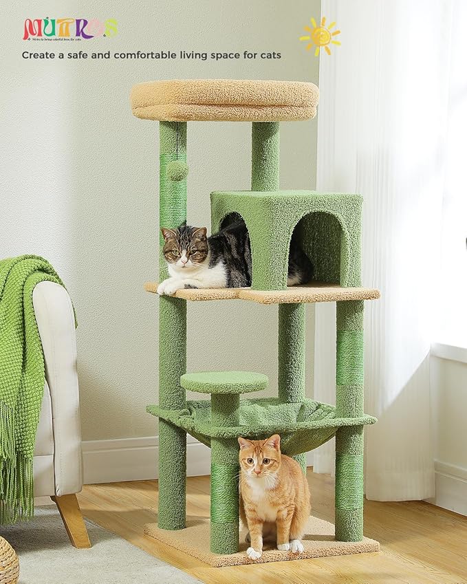 Cactus Cat Tree for Indoor Cats, 45.7" Multi-Level Cat Tower with Large Metal Frame Hammock, Cat Condo with 4 Scratching Posts and Top Perch, Green-Mewly Pet