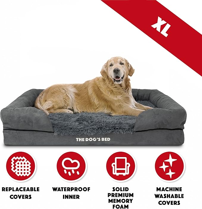 The Dog’s Bed, XL Grey Fur 43.5x34,Memory Foam, Pain Relief: Arthritis, Hip & Elbow Dysplasia, Post Surgery, Lameness, Supportive, Calming, Waterproof Washable Cover, Veterinary Approved-Mewly Pet