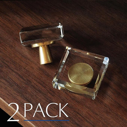 JEREVER 2 Pack Glass Crystal Knobs Brass Drawer Pull Cabinet Handle Gold Furniture Hardware for Dresser Kitchen (Square)