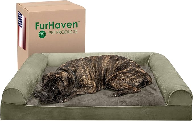 Furhaven Orthopedic Dog Bed for Large Dogs w/ Removable Bolsters & Washable Cover, For Dogs Up to 125 lbs - Faux Fur & Velvet Sofa - Dark Sage, Jumbo Plus/XXL-Mewly Pet