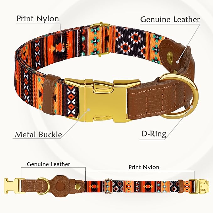 AirTag Dog Collar for Small Medium Large Breed - Adjustable Cute Pattern Dog Collar with Airtag Holder - Soft Leather Tracker GPS Apple Air Tag Pet Collars (Medium, 14"-18" Neck Fit, Western)-Mewly Pet