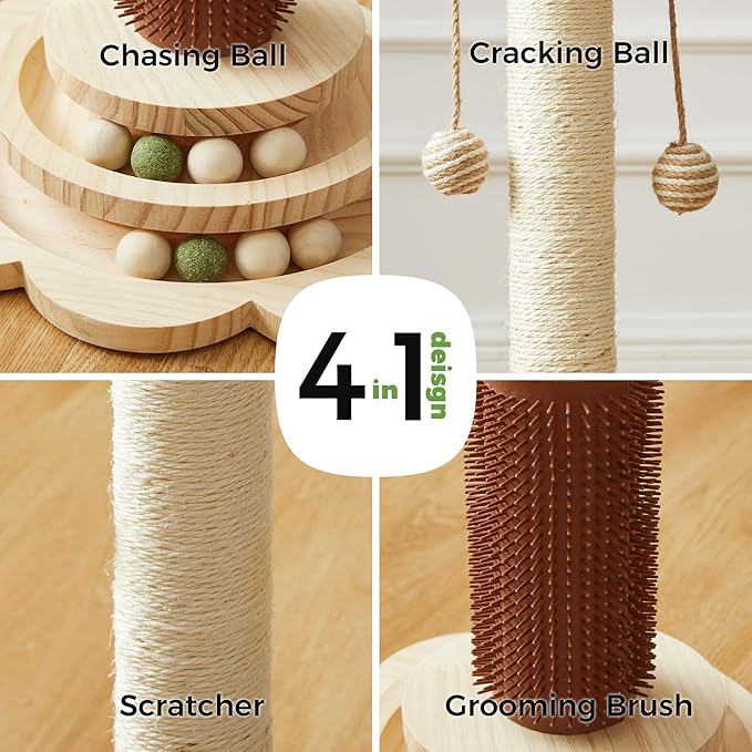 Cat Sisal Scratching Post, 4 in 1 Wooden Cat Scratcher Toy with Groomer, 24" Tall Scratch Post with 2-Layer Interactive Track Balls, Cat Climbing Tree with 2 Hanging Balls for Kittens-Mewly Pet