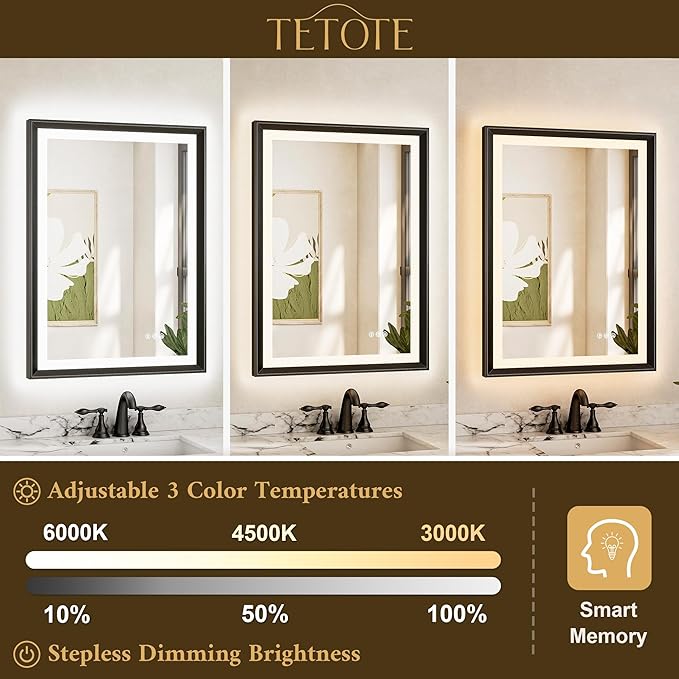 TETOTE 48x40 LED Bathroom Mirror with Lights Black Metal Frame Front & Back Light Vanity Mirror Baroque Antifog Stepless Dimmable White/Warm/Natural,CRI90+,Waterproof,Wall Mounted(Horizontal/Vertical)