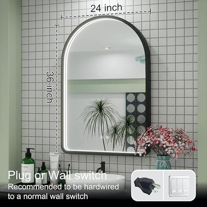 24x36 Inch Arched LED Mirror for Bathroom with Lights, Adjustable 3000K/4500K/6000K, Wall Mounted Black Frame Lighted Bathroom Vanity Mirror, Anti-Fog, Dimmable, Memory Function