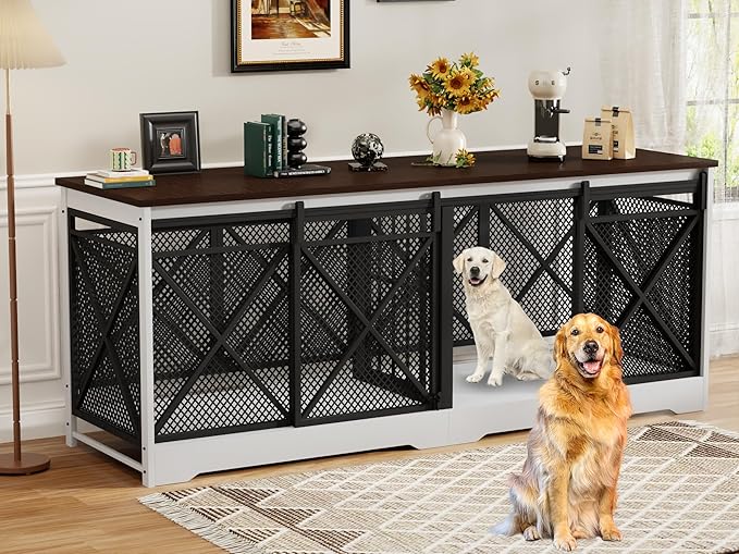 COZPAW 78 Inch Double Dog Crate Furniture, Extra Large Dog Kennel Indoor for Medium Large 2 Dogs, Heavy Duty Dog Cage Chew-Resistant Steel and Wooden Pet House with Removable Divider (White Brown)-Mewly Pet