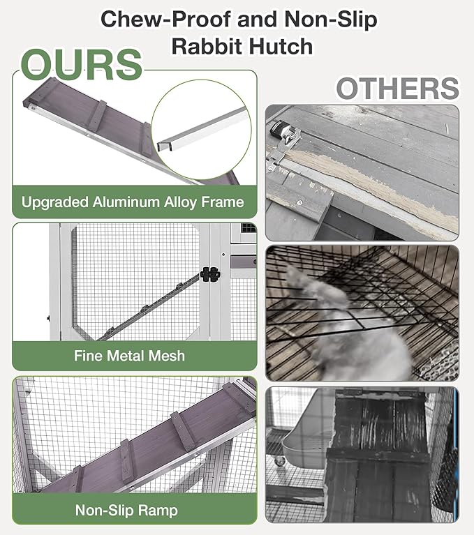 Rabbit Hutch 2-Story Wooden Bunny Cage with 2 Leak-Proof Sliding Trays, Chew-Proof Metal Mesh, Rainproof Cover, Indoor & Outdoor Guinea Pig House with Wheels - Grey-Mewly Pet