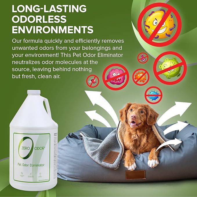 Zero Odor - Pet Odor Eliminator for strong odor, Eliminate Air & Surface Odors – Patented Molecular Technology Best For Carpet, Furniture, Beds Smell Great Again (128 Ounces)-Mewly Pet