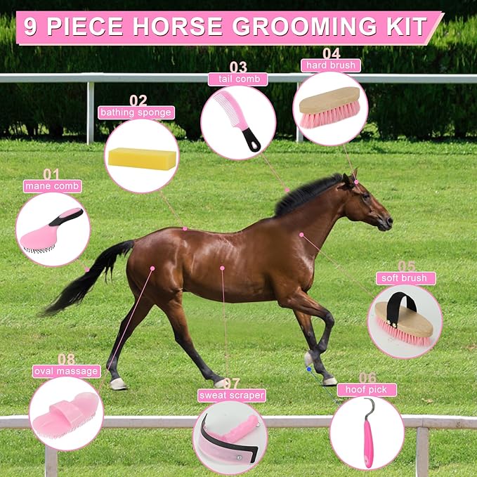 Horse Grooming Kits, 9 Pieces Pink, Includes Tote Bag, Bathing Supplies Sweat Scraper Bathing Sponge, Hoof Pick, Curry Comb for Horse Riders Beginners-Mewly Pet
