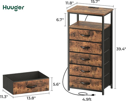 Huuger 5 Drawers Dresser with Charging Station, Dresser for Bedroom, Tall Night Stand, Chest of Drawers with Open Shelf, Bedside Table Nightstand, Fabric, for Entryway, Rustic Brown