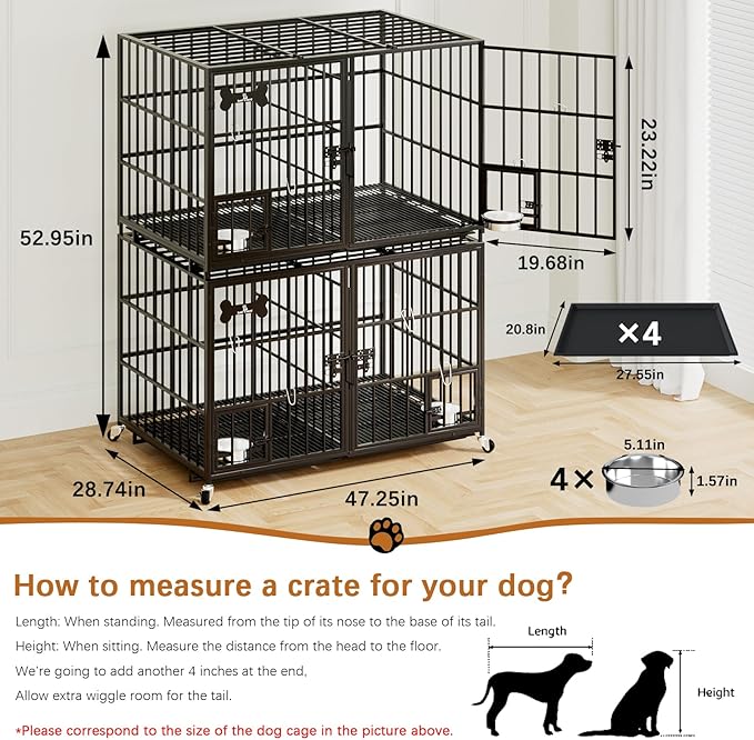 aboxoo 48 inch Stackable Heavy Duty Metal Dog Crate for 4 Dogs/Large Dog,All Metal Open Top Access,Escape Proof Cage,Dog Kennel Indoor with Wheels,Floor Grid, Tray, Divider and Feeding Bowl-Mewly Pet