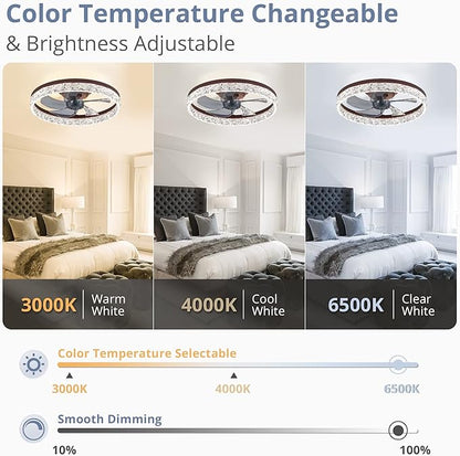 LEDIARY 20" Modern Ceiling Fans with Lights and Remote, Dimmable Low Profile Ceiling Fan, Flush Mount Ceiling Fan, Stepless Color Temperature Change and 6 Speeds - Brown