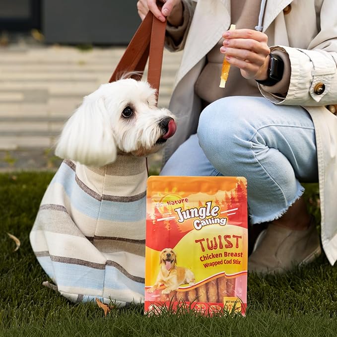Jungle Calling Rawhide Free Treats for Dogs, Chicken Wrapped Cod Sticks Dog Treats, Soft Chewy Snacks for Training Rewards, 10.6 oz (Chicken)-Mewly Pet