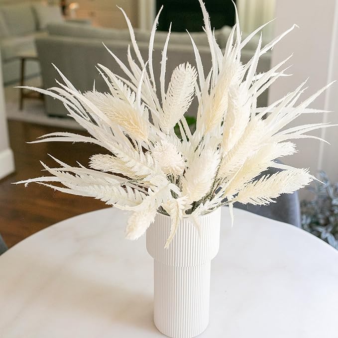 7 PCS Artificial Fall Stem Fake Plants, 26 in Fake Leaves Autumn Greenery Branches White Flowers Faux Foliage DIY Stems for Vase Thanksgiving Home Kitchen Office Indoor Centerpiece Table Decoration