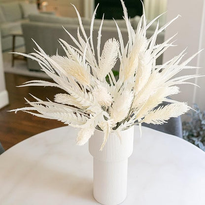 7 PCS Artificial Fall Stem Fake Plants, 26 in Fake Leaves Autumn Greenery Branches White Flowers Faux Foliage DIY Stems for Vase Thanksgiving Home Kitchen Office Indoor Centerpiece Table Decoration
