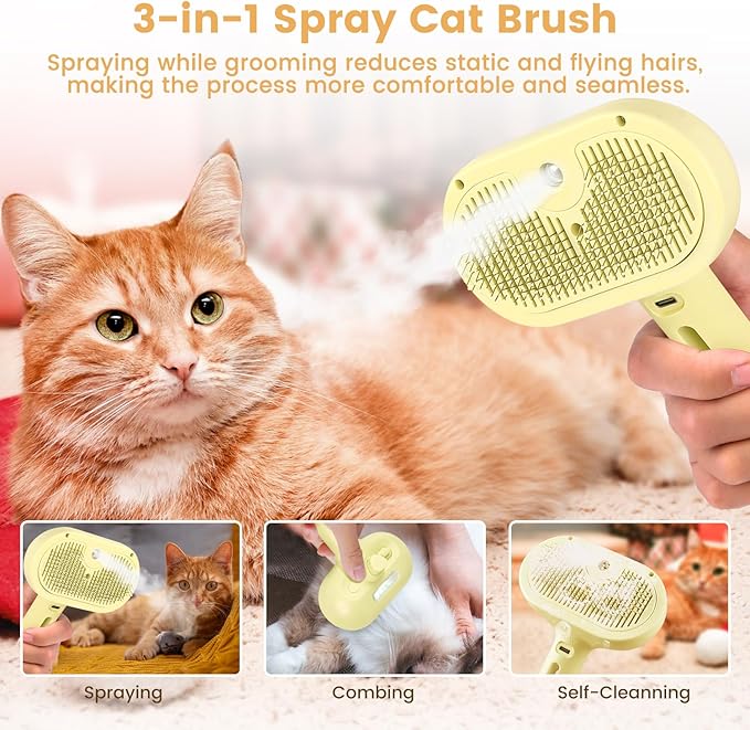 3 in 1 Cat Steam Brush, Pet Spray Hair Removal Comb for Shedding & Grooming, Water Brush for Cats Dogs Small Animals Long Short Haired with One-Click Release Button(Yellow)-Mewly Pet