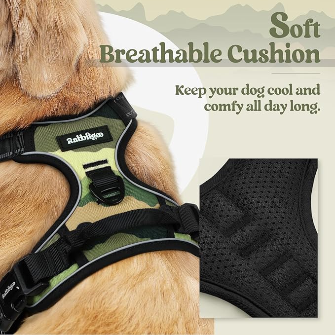 rabbitgoo Dog Harness No Pull with 2 Leash Clips, Adjustable Soft Padded, Reflective Oxford No Choke Pet Vest with Easy Control Handle for Large Dogs, Green Mountain,S-Mewly Pet