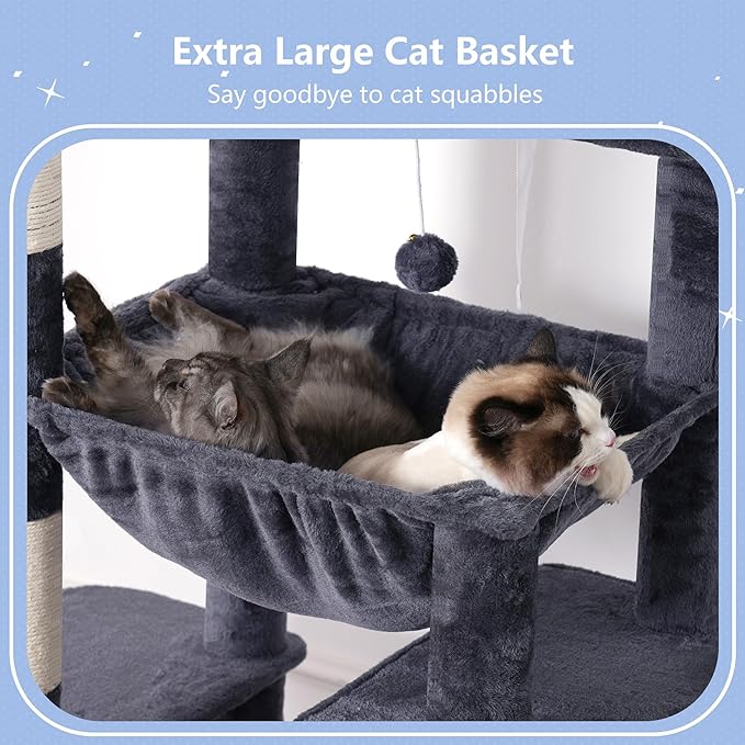 Hey-brother Tall Cat Tree Tower, Heavy Duty Scratching Posts with Large Platforms, Cozy Condos, Big Hammock, Toy Balls, Multi-Level Furniture for Indoor Adult Cats, 80.7 Inches, Smoky Gray MPJ039G-Mewly Pet