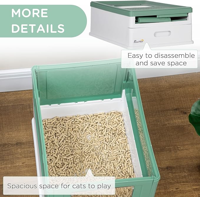 PawHut Fully Enclosed Litter Box with Scoop, Hooded Litter House with Drawer Tray, Foldable Smell Proof Cat Potty with Front Entry, Top Exit, Portable Pet Toilet with Large Space, Green-Mewly Pet