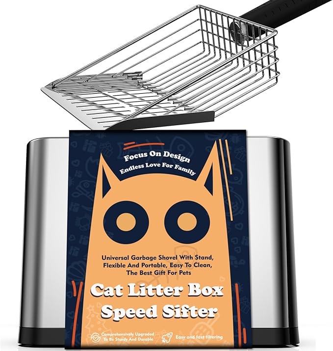 Heavy Duty Stainless Steel Cat Litter Scoop with Holder - Non-Slip Handle, Quick-Sifting Grid & Easy to Clean-Mewly Pet