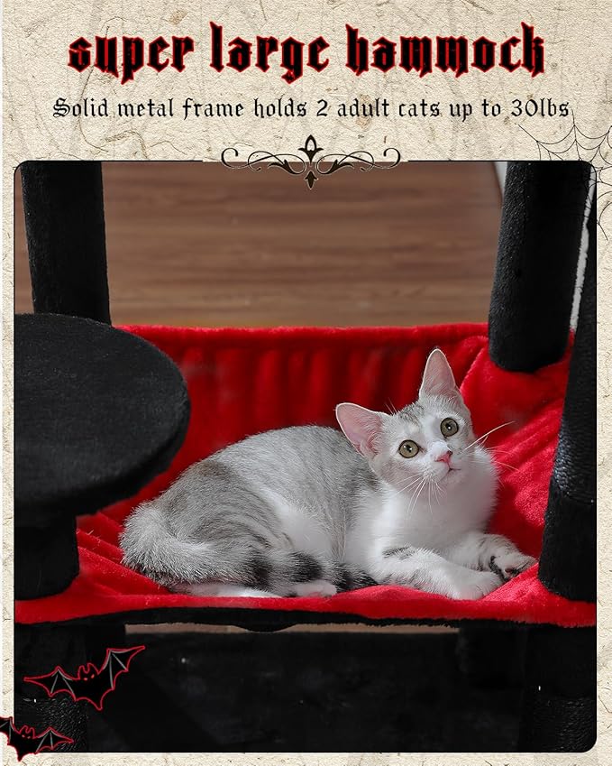 Gothic Cat Tree with Super Large Hammock, 56.3" Black Cat Tower with Coffin Bed, Cat Condo, Sisal Scratching Posts & Top Perch, Multi-Level Goth Cat Tree, Halloween, Black-Mewly Pet