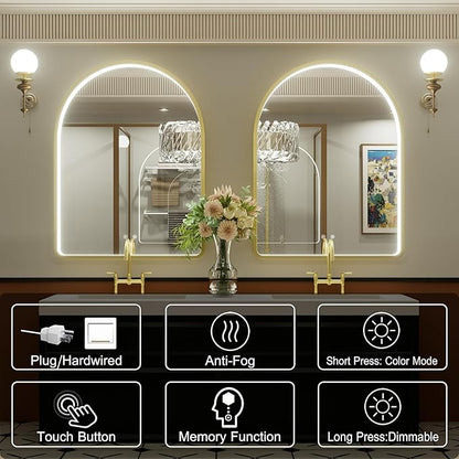 40x30 Inch Arched Gold LED Bathroom Mirror with Lights, Adjustable 3000K/4500K/6000K, Wall Mounted Framed Lighted Bathroom Vanity Mirror, Anti-Fog, Dimmable, Memory Function