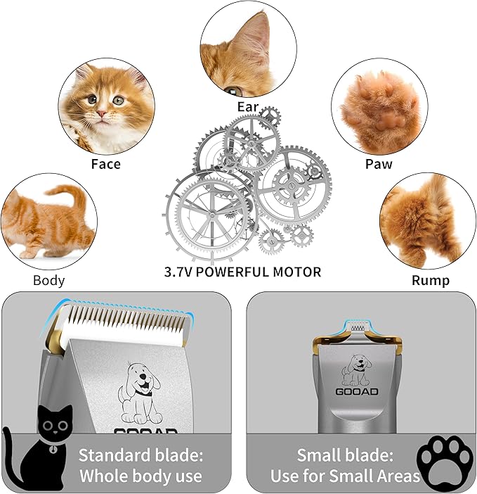 Cat Clippers, Professional Cat Grooming Kit, Cordless Cat Grooming Clippers for Thick Coats, Cat Hair Trimmer, Low Noise Cat Shaver Clippers, Quiet Pet Hair Clippers Tools for Cats Dogs (Gray)-Mewly Pet