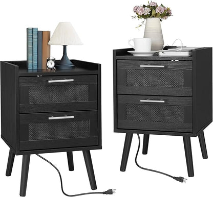 Finnhomy Nightstand with Charging Station, Bedside Table with 2 Hand Made Rattan Decorated Drawers, Night Stand with Storage for Bedroom, Full Black, Set of 2