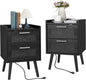 Finnhomy Nightstand with Charging Station, Bedside Table with 2 Hand Made Rattan Decorated Drawers, Night Stand with Storage for Bedroom, Full Black, Set of 2
