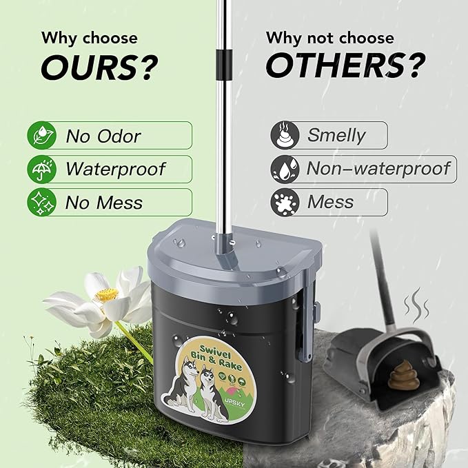 UPSKY Dog Pooper Scooper Swivel Bin & Rake Kit with 100 Waste Bags,33.4" Stainless Steel Long Handle Heavy Duty Pet Poop Shovel for Large Medium Small Dogs, Odor-Proof Lid for Yard/Lawn/Outdoor Use-Mewly Pet