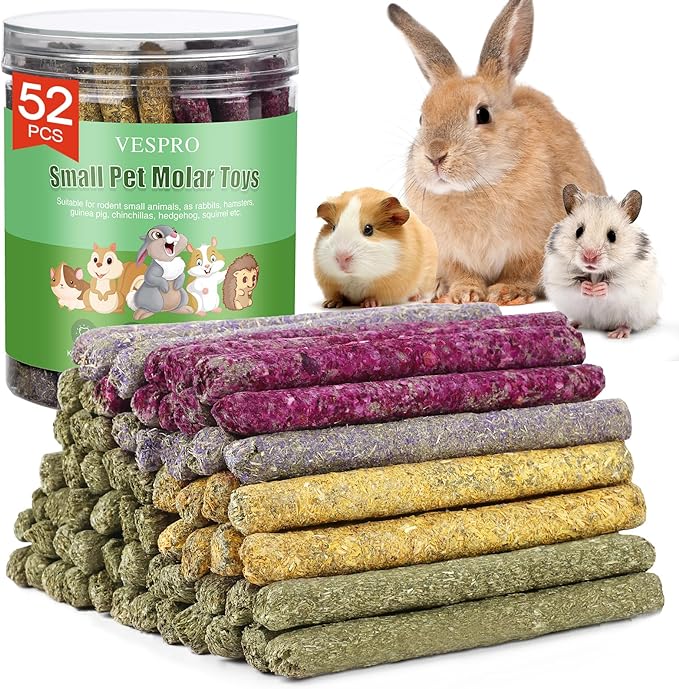 52Pcs Rabbit Chew Sticks, Guinea Pig Toys, Natural Timothy Grass Molar Teeth Stick, Mixing Flowers, Roses, Calendula and Forget Me Not, Small Animals Treats-Mewly Pet