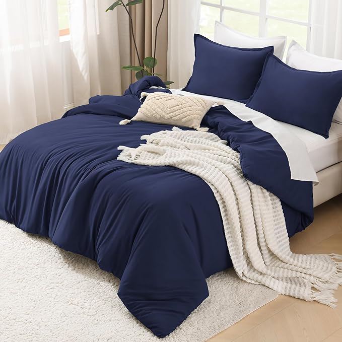 Litanika Navy Blue Comforter Set King Size, 3 Pieces Lightweight Solid Bedding Comforter Set, All Season Fluffy Bed Set (104x90In Comforter & 2 Pillowcases)