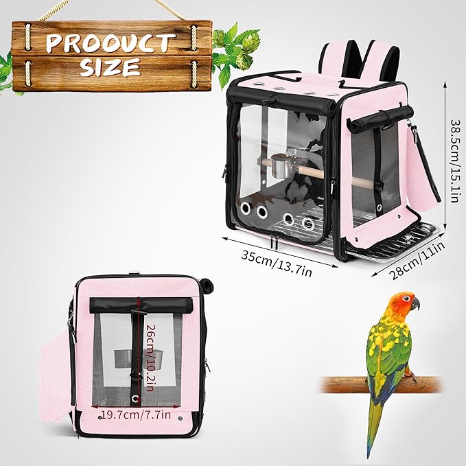 Suertree Bird Carrier with Seat Belt for Car Travel, Bird Backpack Carrier with Indestructible Stainless Steel Mesh, Large Bird Carrier Travel Cage, Pink-Mewly Pet