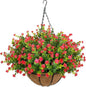 Artificial Hanging Flowers Basket for Outdoor, 16 Fake Flowers Look Real UV Resistant, Faux Hanging Plants for Porch, Balcony, Patio, Garden, Spring Summer Decor,Red