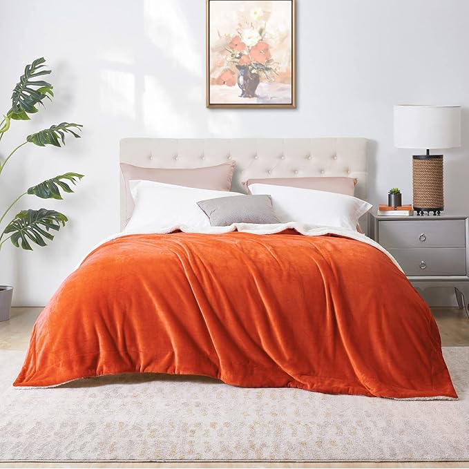 Walensee Sherpa Fleece Blanket (Queen Size 90”x90” Orange) Plush Throw Fuzzy Super Soft Reversible Microfiber Flannel Blankets for Couch, Bed, Sofa Ultra Luxurious Warm and Cozy for All Seasons