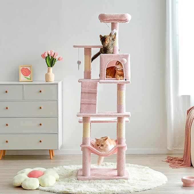 MWPO 63.8-Inch Pink Cat Tree for Indoor Cats, Multi-Level Cat Tower with Sisal-Covered Scratching Posts, Padded Platform, Hammock, Dangling Toys, Stable Cat Condo Pet Play House-Mewly Pet