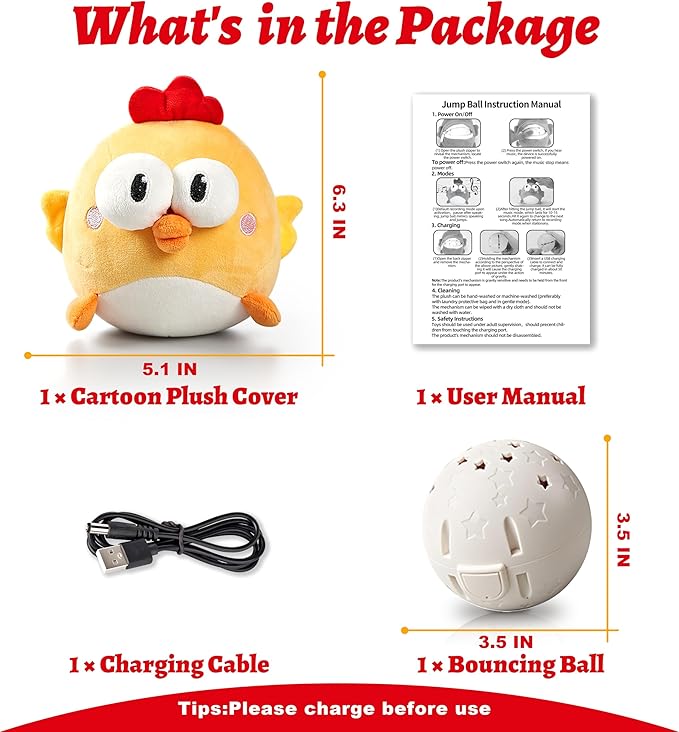 Interactive Dog Toys, Squeaky Moving Ball Toy with Jumping & Music Modes, Rechargeable Plush Chew Toys for Small/Medium/Large Dogs to Keep Puppy Busy Pet Toys (Chick)-Mewly Pet
