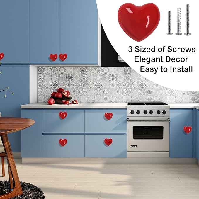 Heart Ceramic Dresser Drawer Knobs Heart Shape Cabinet Dresser Pulls Handles with 3 Sized Screws Kitchen Furniture Knobs (Red, 6 Pack)