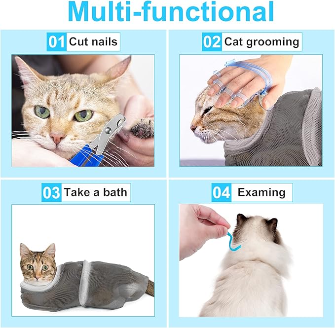 Patelai 5 Pcs Cat Bathing Bag Set Cat Grooming Bag Adjustable Pet Shower Net Muzzles Nail Clipper Tick Remover Tool Massage Brush(Grey-White)-Mewly Pet