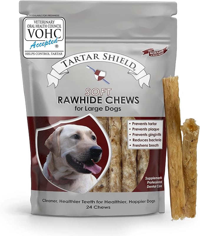 Tartar Shield Soft Rawhide Chews | Safe Dental Treats for Large Dogs | Vet VOHC Approved | Daily Bone Cleans Teeth & Gums Fresh Breath Oral Health Support | USA Made | (Large Dogs / 24 Count)-Mewly Pet