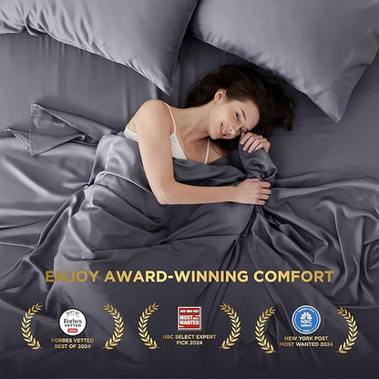 Bedsure Twin XL Sheet Set Dorm Bedding, Cooling Sheets Twin Extra Long Sheets, Rayon Derived from Bamboo, Deep Pocket Up to 16", Hotel Luxury Silky Bedding Sheets & Pillowcases, Dark Grey