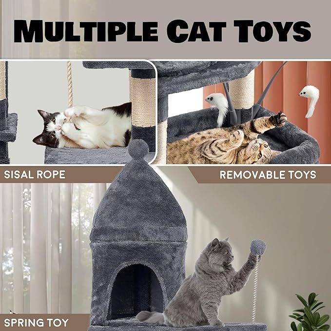 Large Cat Tree Tower for Large Cats, Cat Scratching Post, Self Grooming Post, Interactive Cat Toys, Oversized Perch and Basket, Heavy Duty 72", Dark Grey-Mewly Pet