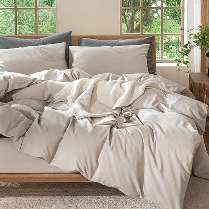 MooMee Bedding Duvet Cover Set 100% Washed Cotton Linen Like Textured Breathable Durable Soft Comfy (Solid Light Tan, Queen 90"x90")
