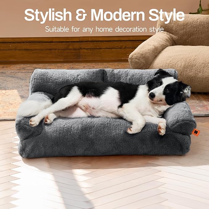 MEWOOFUN Dog Beds for Small Medium Dogs with Removable Washable Cover, Fluffy Dog Sofa with Non-Slip Bottom (Dark Grey, 33.5" L X 25.6" W X 11.5" Th)-Mewly Pet